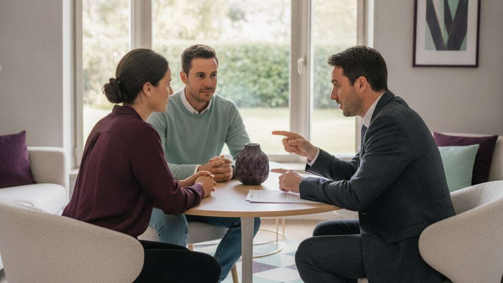 Un courtier explique une offre à un couple assis en face de lui