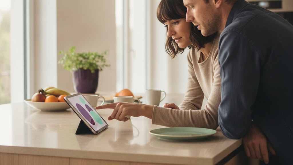 Deux personnes comparent des offres sur une tablette dans une cuisine