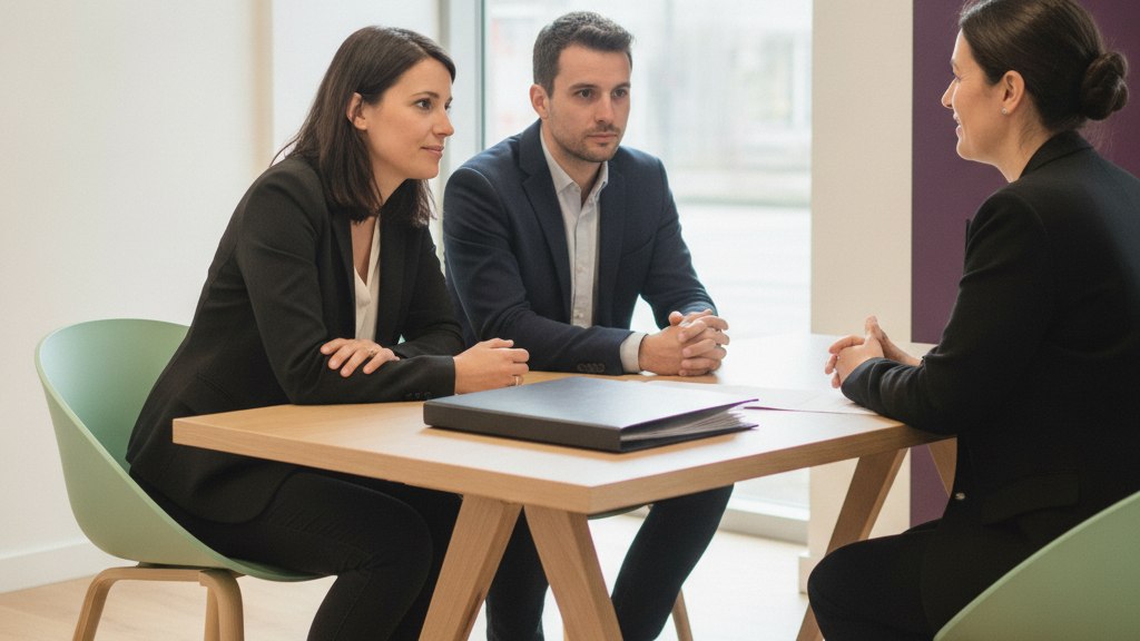 Un couple face à une conseillère bancaire, dossier posé sur le bureau