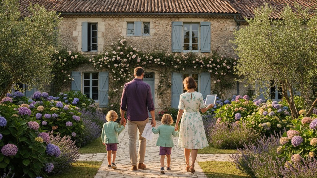 Une famille marche dans le jardin devant une maison individuelle