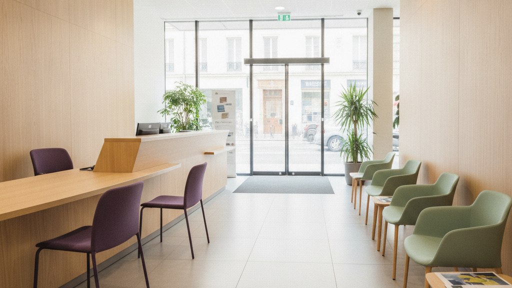 Hall d'agence bancaire contemporaine avec comptoir de bois clair