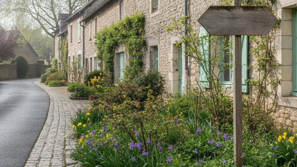 Rue résidentielle française bordée de maisons en pierre claire