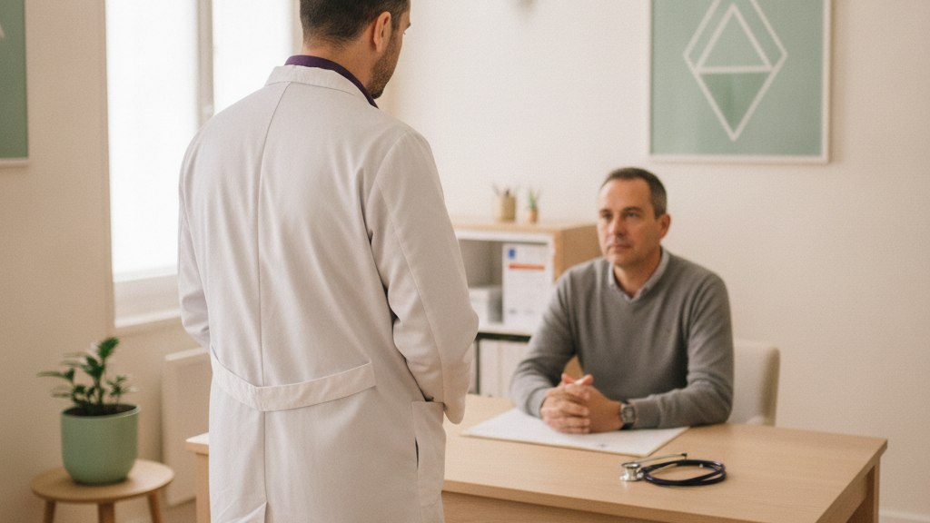 Un médecin généraliste écoute un patient dans un cabinet clair