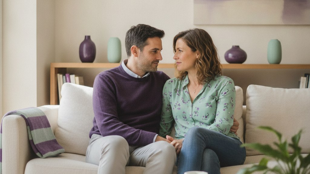 Un couple assis côte à côte sur un canapé en conversation sérieuse