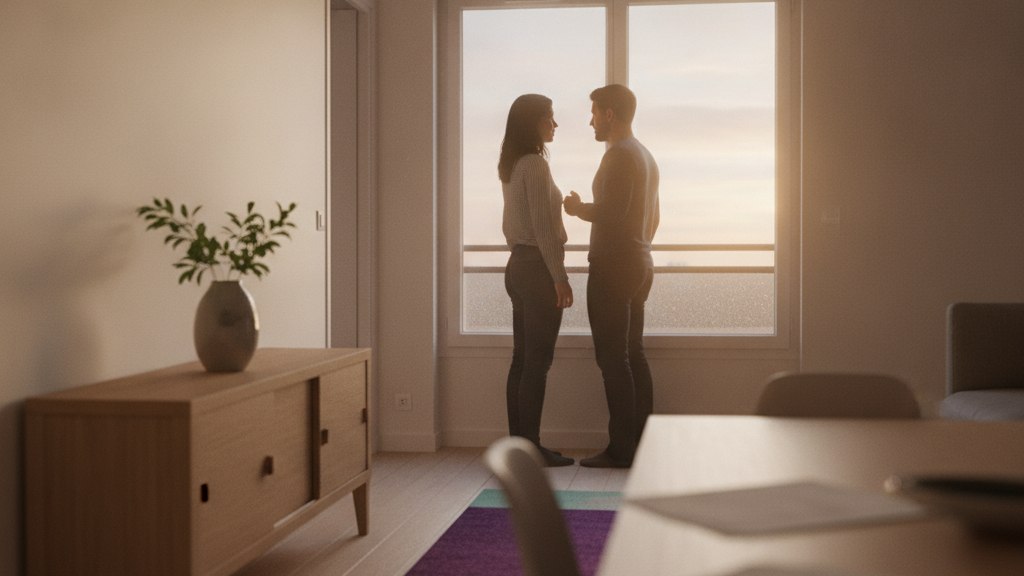 Un couple de dos discute devant la fenêtre d'un appartement au lever du jour